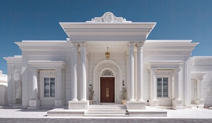 Obraz premium Grand white villa, neoclassical design, sunny day, clear sky, architectural photography, real estate