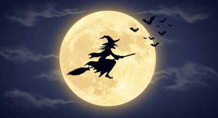 Witch Flying on Broomstick Against Full Moon in Night Sky