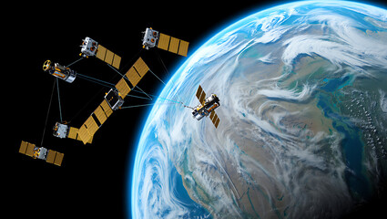 An advanced satellite constellation orbits earth showcasing global connectivity and the vastness of space with a detailed view of our planet