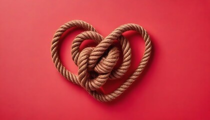 Brown rope in heart shape knot on red background. Love valentine. copy text space banner, created with generative ai