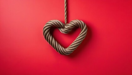 Brown rope in heart shape knot on red background. Love valentine. copy text space banner, created with generative ai