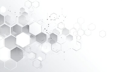 Abstract background of overlapping hexagons in varying shades of gray and white, with connecting lines and subtle dots