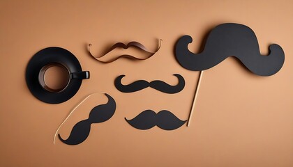 two cup coffee and retro stylish black paper photo booth props moustaches on brown background, space for text, created with generative ai