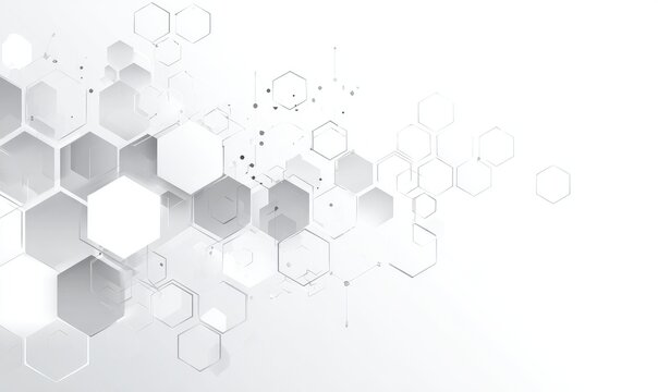Abstract background of overlapping hexagons in varying shades of gray and white, with connecting lines and subtle dots