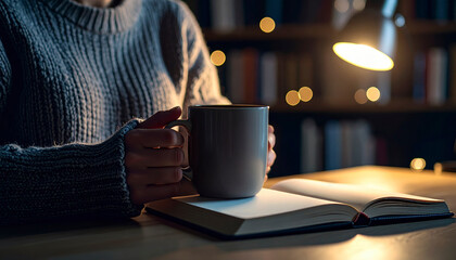 Persona sosteniendo una taza caliente mientras lee, disfrutando de un momento de paz y concentración