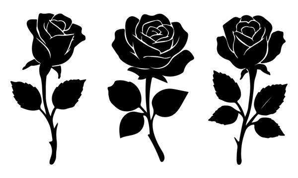Set of three black rose silhouettes. Vector illustration of flowers with stems and leaves, isolated on a white background. Floral icon or tattoo design element.