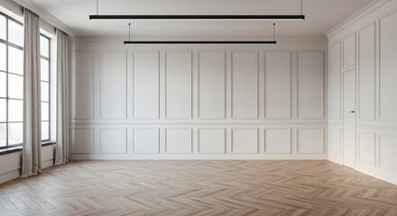 Fototapeta premium Modern Minimalist Interior with Paneled Walls and Herringbone Floor
