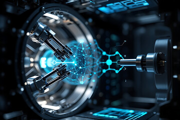 Fototapeta premium Futuristic advanced technology concept with glowing blue energy core and intricate mechanical components representing innovation and scientific progress in a dark high tech environment