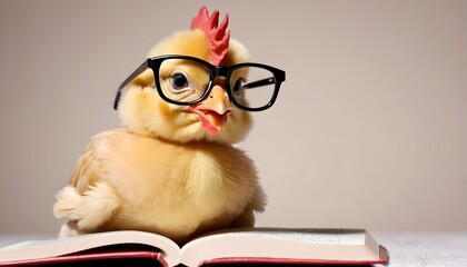 Cute little chicken in eye glasses and with a book, created with generative ai
