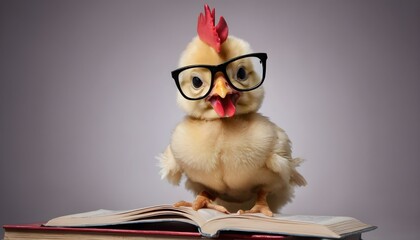 Cute little chicken in eye glasses and with a book, created with generative ai