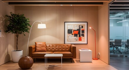Fototapeta premium Modern Office Waiting Area with Leather Sofa and Abstract Art