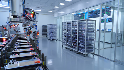 Modern cleanroom manufacturing facility with advanced automated machinery and sterile production lines showcasing high technology and precision engineering in a bright organized industrial environment