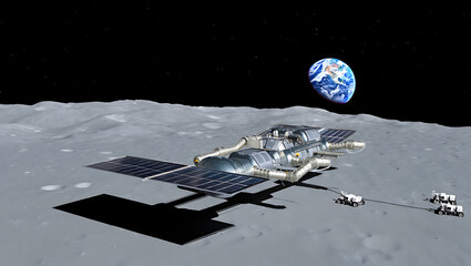 Advanced lunar exploration spacecraft with solar panels deployed on the moon s surface with earth visible in the distant starry sky