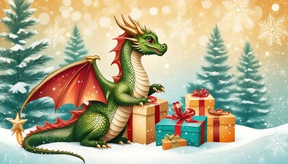 Cute vintage dragon on shiny Christmas background with fir branch and gifts in vintage style. Greeting card template, banner. illustration, Cute vintage dragon on shiny, created with generative ai