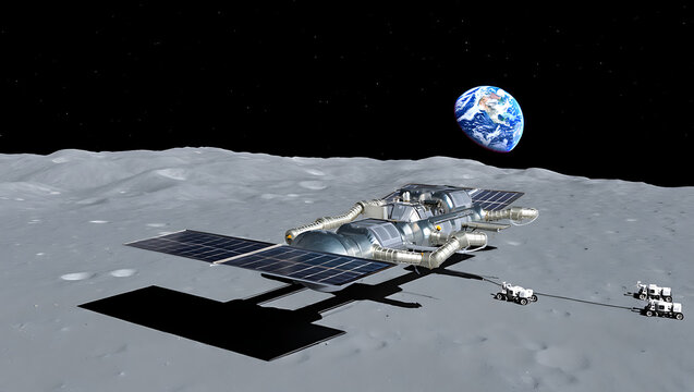 Advanced lunar exploration spacecraft with solar panels deployed on the moon s surface with earth visible in the distant starry sky