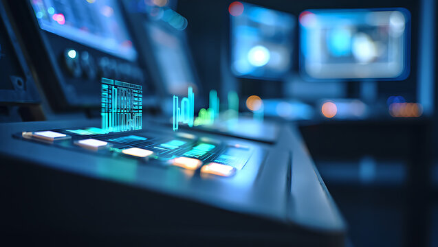 Close up of a modern digital dashboard with glowing blue charts and data on a laptop screen in a dimly lit control room with blurred screens in the background