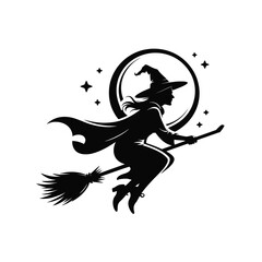 Halloween witch flying on a broomstick silhouette isolated on white background