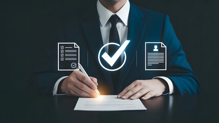 Business performance checklist, businessman doing online checklist survey, filling out digital form checklist, take an assessment, questionnaire, evaluation, online survey, online exam