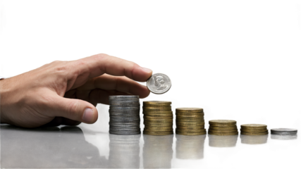 Hand Placing Quarter on Stack of Coins Showing Growth Concept