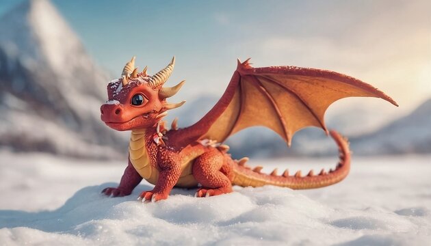 Cute little dragon  in winter landscape on snow, created with generative ai