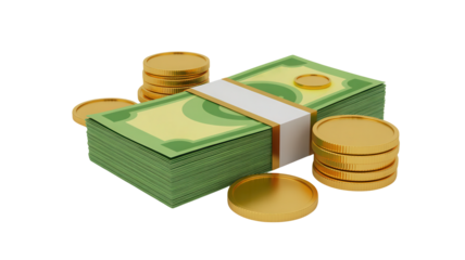 Stack of cash and gold coins evokes financial prosperity, savings, and investment success, ideal for business and wealth management themes, and economic development projects