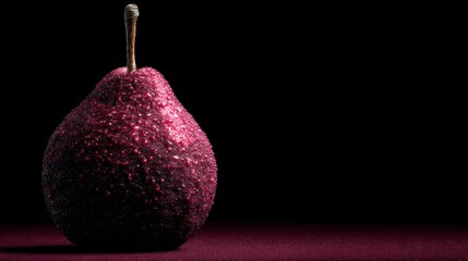 Close up view of a dew kissed deep red pear with a textured skin fruit