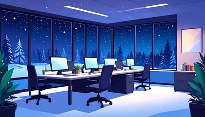 Empty office space at night with snow-covered winter scenery outside.