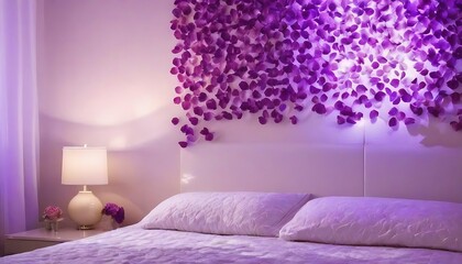 Dreamy Purple Petals and Soft Lights Bedroom Romance, created with generative ai