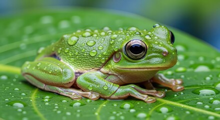 Fototapeta premium Green Tree Frog with Water Droplets on Leaf, Close-up Macro Photography