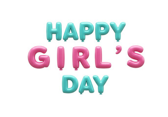Festive pink and teal balloons forming happy girls day text isolated on transparent background