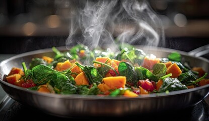 Steaming sweet potato spinach skillet meal, kitchen