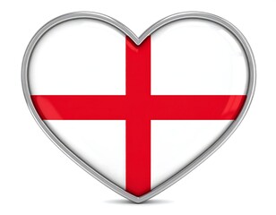 A heart-shaped emblem displays a national flag within a metallic frame, set against a white background