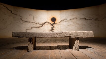 Obraz premium Rustic wooden bench on wooden floor with abstract art backdrop texture