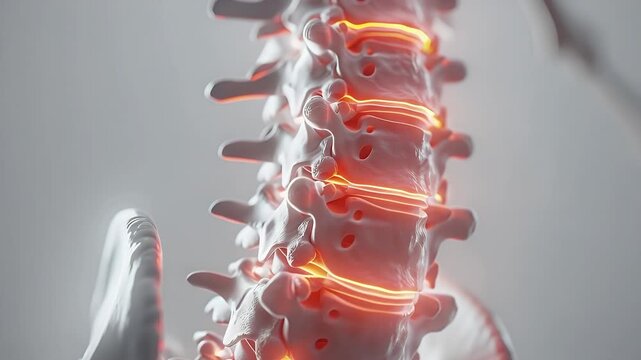 Human Spine Pain Concept: 3D Rendering of Lumbar Vertebrae with Glowing Red Discs, Indicating Injury or Inflammation