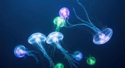 Glowing Jellyfish in Deep Blue Ocean Water, Colorful Bioluminescence Marine Life