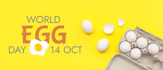 Carton box with chicken eggs on yellow background. Banner for World Egg Day