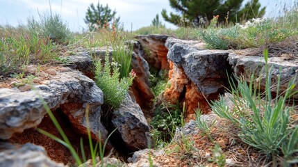 Obraz premium Rocky fissure in a grassy field