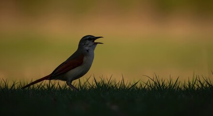 Fototapeta premium Rufous Bush Chat Singing on the Grassland at Sunrise