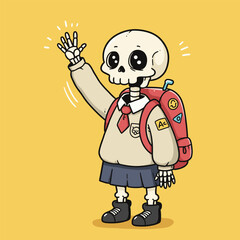 Cartoon skeleton in school uniform with red backpack, waving cheerfully on a yellow background.