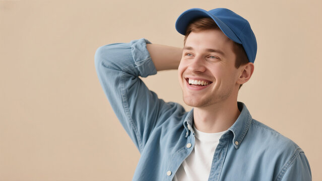 Joyful Young Man with Blue Cap and Blue Denim Shirt Smiling Broadly with Hands Behind Head on Beige Studio Background