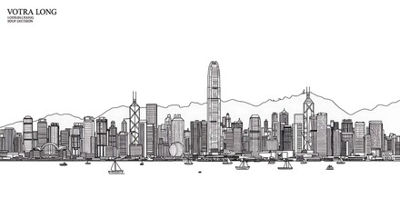 Detailed Black and White Line Drawing of Hong Kong Skyline with Boats