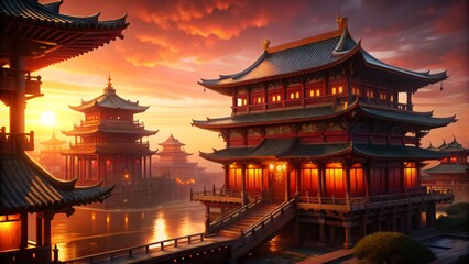 Fototapeta premium Traditional Chinese Architecture at Sunset