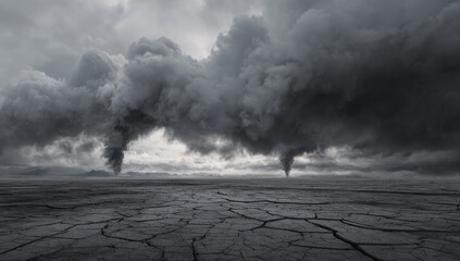 Grim, cracked earth landscape under a turbulent sky filled with dark, ominous clouds and swirling tornadoes