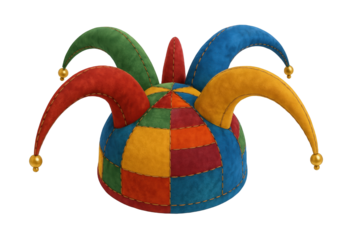 Vibrant Jester Hat with Multiple Bells and Patchwork Design, Symbolizing Merriment and Celebration