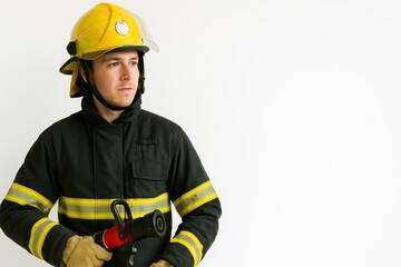 Fototapeta premium Young male firefighter in uniform standing confidently with fire hose against a clean white background showcasing bravery and readiness for emergency response