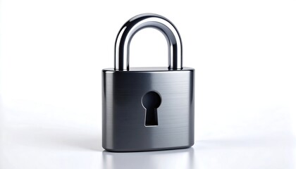 A metallic padlock, gleaming, sits on a stark white background, reflecting light subtly