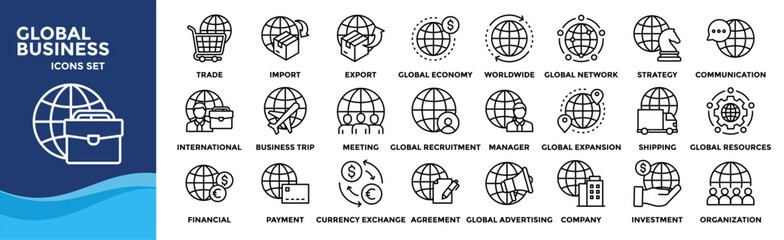 Global Business icon set. Containing design International Trade, Import, Export, Global Economy, Worldwide, Global Network