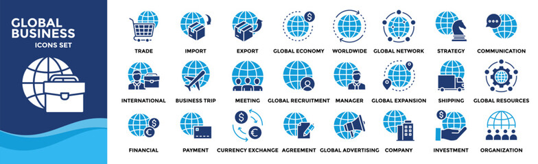Global Business icon set. Containing design International Trade, Import, Export, Global Economy, Worldwide, Global Network