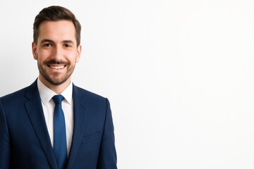 Professional young man in formal attire smiling on a white background, showcasing confidence and professionalism in a business environment