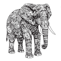 Ornate elephant illustration with a complex pattern of tribal masks and spiritual faces. Detailed hand-drawn symbolic animal art.